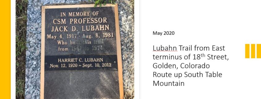 Plaque at the base of the Lubahn Trail, South Table Open Space Park.