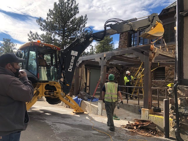 Boettcher Mansion pergola being disasembled by Open Space Park Construction Team.